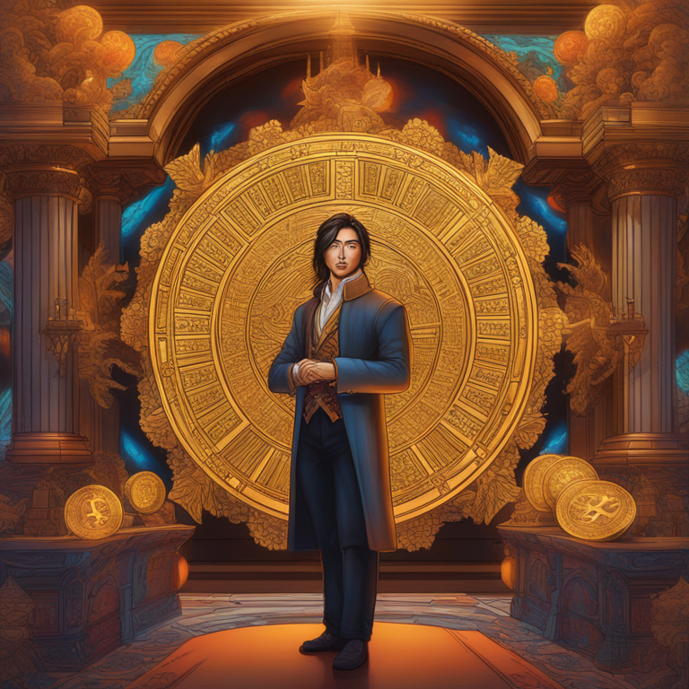 A vibrant, digital renaissance painting bring to life Bitcoin’s emergence, with Samson Mow as a guiding figure against a tapestry of financial innovation, symbols representing global economic transition surrounding them, vision brought to vivid reality in the style of futuristic baroque art, trending on Artstation, hand-drawn digital illustration