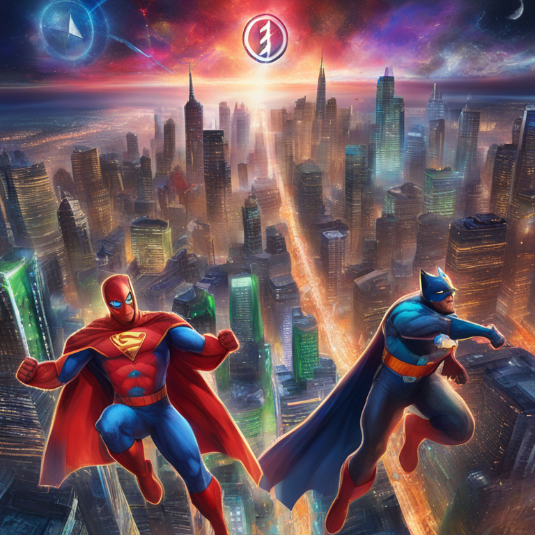 A vibrant, hand-painted collage displaying the leading altcoin networks as colorful, emblematic superheroes soaring across a digital city skyline, capturing the essence of competition and innovation in the crypto universe, art envisioned by top talents at Artstation, enhancing the narrative of a dynamic altcoin race, digital masterpiece.