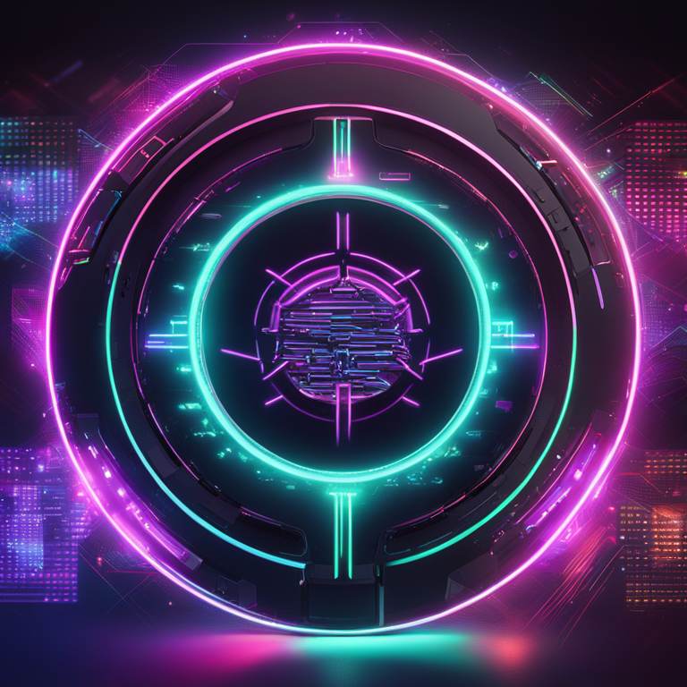 Futuristic digital safety shield representing Bitfinex's cybersecurity efforts, exploding with neon cyberpunk colors, art by top artists from Artstation HQ, symbolizing the fusion of cutting-edge technology and art in the age of information, high-resolution, digital illustration, trending in digital art circles.