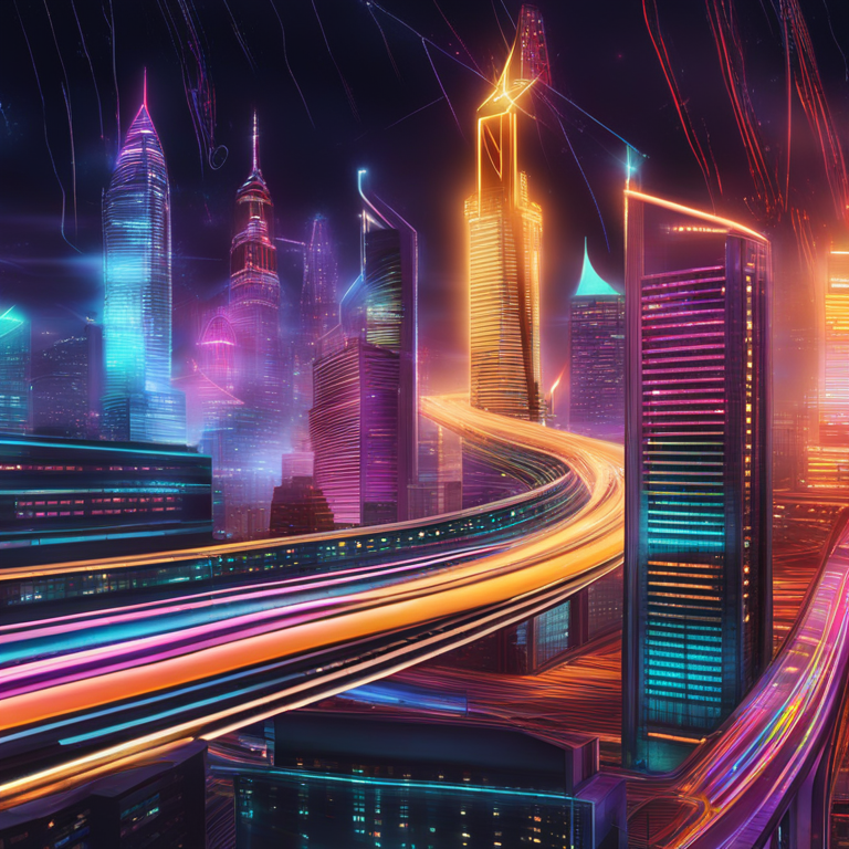 exciting race between Bitcoin and top-performing Altcoins with SOL, TON, and AVAX in the lead, visualized as vibrant, high-speed digital trails on a futuristic cityscape at night, hand-drawn digital illustration, Artstation HQ, trending in financial technology art