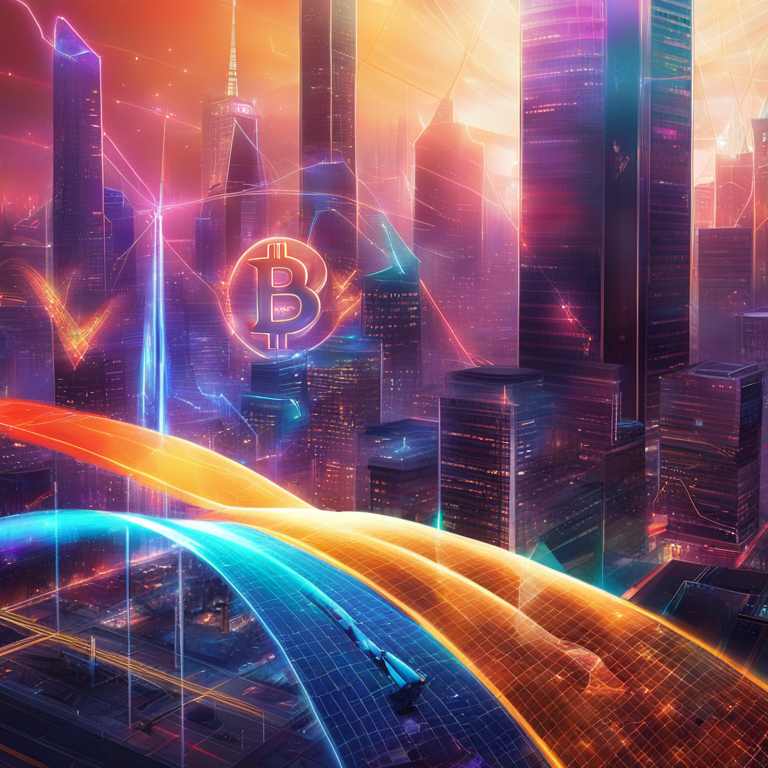 Vividly colored graph showcasing Bitcoin's sharp ascent amidst a bustling digital cityscape, Ethereum and Worldcoin glimmers in the foreground, capturing the market's electric vibe, art by futuristic digital artists, trending on Artstation, digital illustration