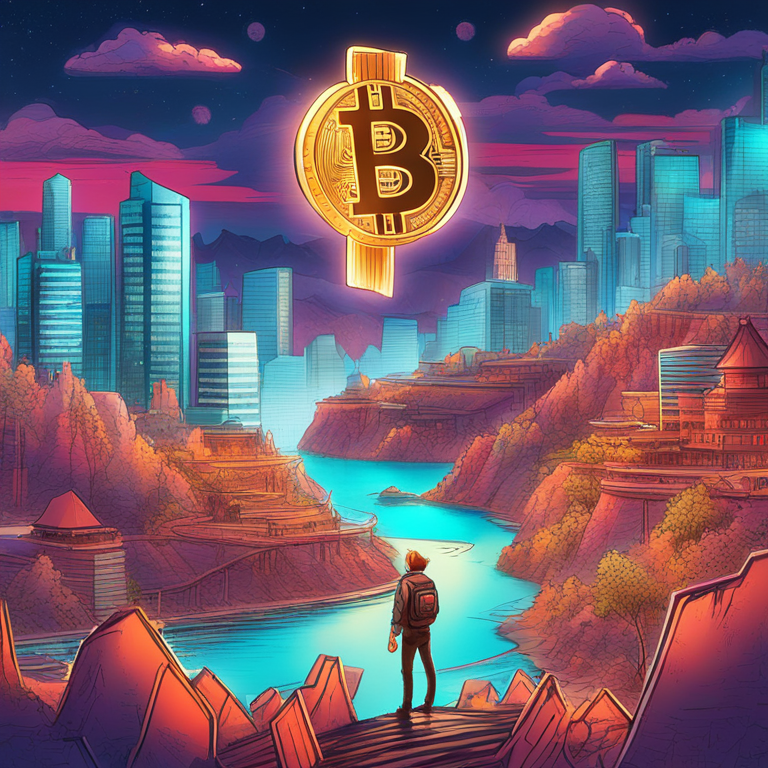 Bitcoin's leap over the $65,000 mark captured in a vibrant, hand-drawn digital illustration, bustling with energy and futuristic finance landscapes, trending on Artstation HQ, digital art.