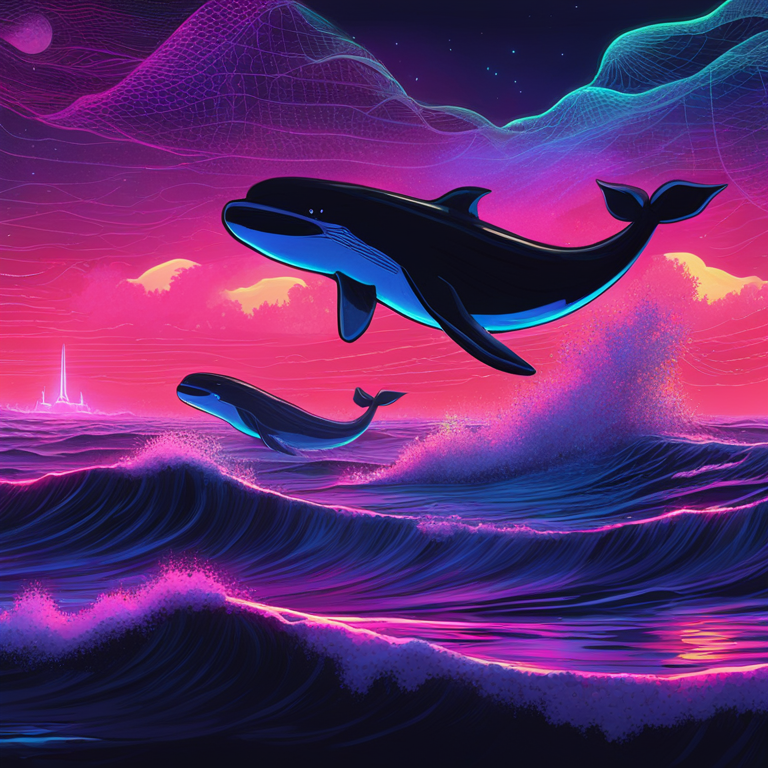 A vivid digital tapestry, seamless blend of cyberpunk aesthetics and blockchain intrigue, featuring enigmatic Ethereum whales navigating through waves of digital currency, under a neon-lit sky, art by renowned digital artists on Artstation, hand-drawn digital illustration.