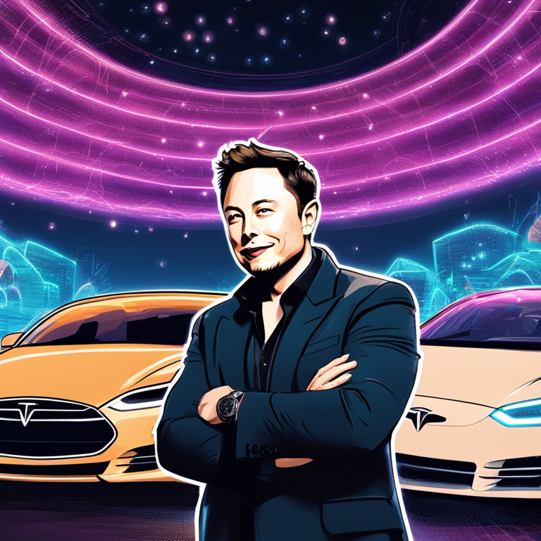 Elon Musk in animated form holding a shimmering Dogecoin, Tesla cars stylishly lined up in the background, under a digital sky, capturing the essence of innovation meets pop culture, a hand-drawn digital illustration, Artstation HQ, trending visual art.