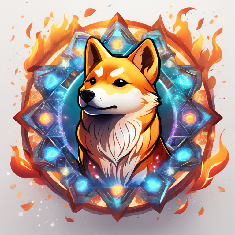 A stylized representation of SHIB tokens vanishing into thin air, surrounded by a kaleidoscope of flames and digital grids, symbolizing the dramatic token burn event, digital art, vivid and cutting-edge, trending among Artstation's cryptocurrency-themed artworks.