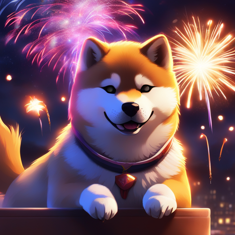 Digital fireworks exploding over a night sky, each spark a symbol of SHIB tokens, capturing the celebratory spirit of the Shiba Inu community as they achieve another milestone in their token burn crusade, a moment frozen in time through the lens of top Artstation digital artists.