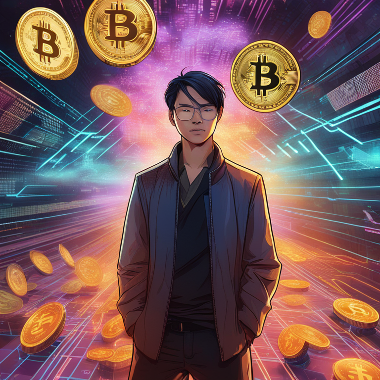 A vibrant hand-drawn digital illustration of Wei Dai standing against a backdrop of glowing digital code and futuristic currency, capturing the essence of B-money's revolutionary concept in the digital age, trending on Artstation, art by visionary digital artists, encapsulating the dawn of cryptocurrency evolution.