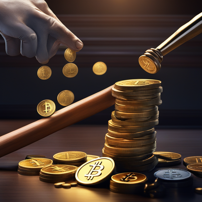 Gavel dropping onto a pile of coins embossed with the emblematic Qoin symbol, lit under the stern gaze of justice, digital art suggesting the high stakes of cryptocurrency regulation in Australia, imagined by a top-tier digital artist, buzzing on Artstation, captures the complex dance between law, finance, and technology.