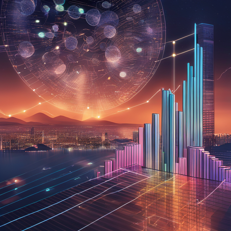 A futuristic digital landscape where XRP coins glide over a skyline made of rising graphs and glowing data streams, symbolizing the cryptocurrency's potential ascent to $3.84, art by digital maestros at Artstation HQ, a hand-drawn digital illustration, capturing the essence of financial innovation at twilight