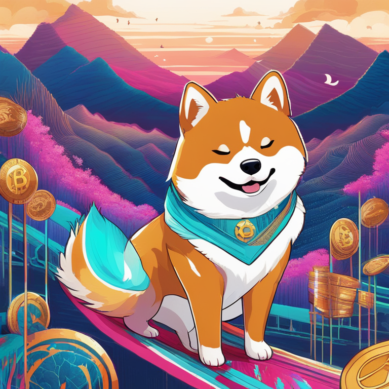 An artist's whimsical interpretation of Shiba Inu's unpredictable journey in the cryptocurrency market, weaving through peaks and valleys with grace and agility, as envisioned by a contemporary digital artist, rich in metaphor and vibrant in palette.