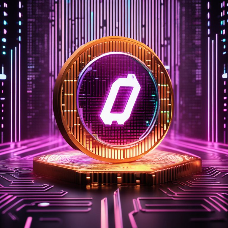 Futuristic cryptocurrency coin embossed with the QUBIC logo, glowing amidst digital binary code, symbolizing a sharp price increase and the anticipation of exponential gains, digital art, trending on Artstation, created with a blend of neon and metallic textures, by digital artists comparable to Beeple and Aaron Koblin.