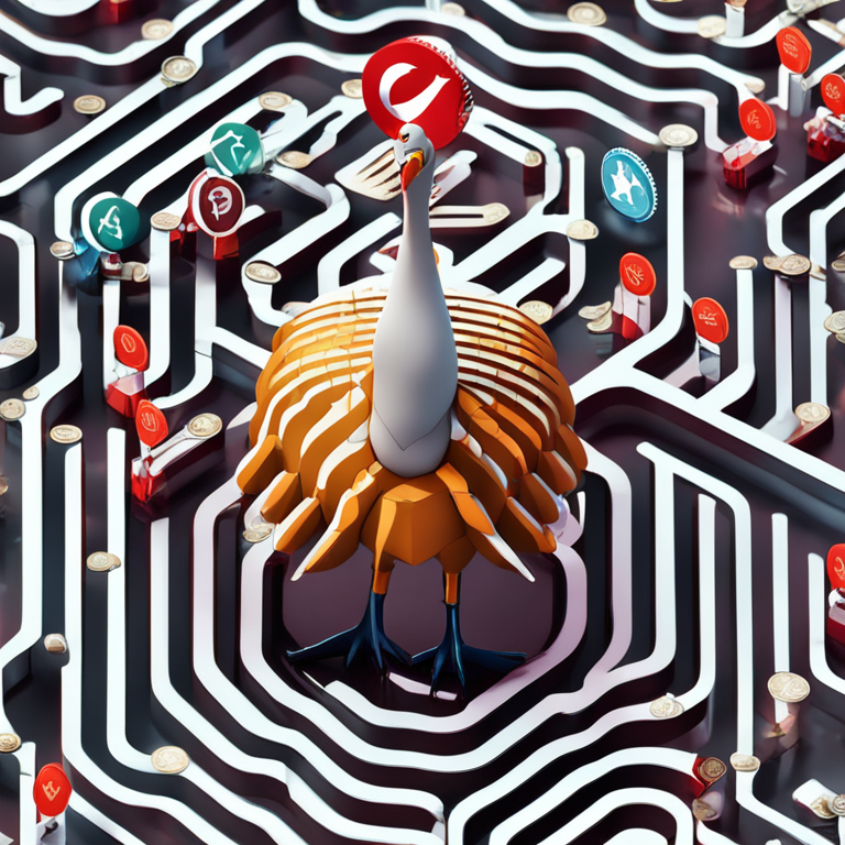 Digital artwork illustrating Turkey standing at the crossroads of innovation and regulation with cryptocurrency symbols inside a maze of taxes, art by renowned digital artists, vibrant with a touch of satire, trending on Artstation with high resolution and detailed visuals.