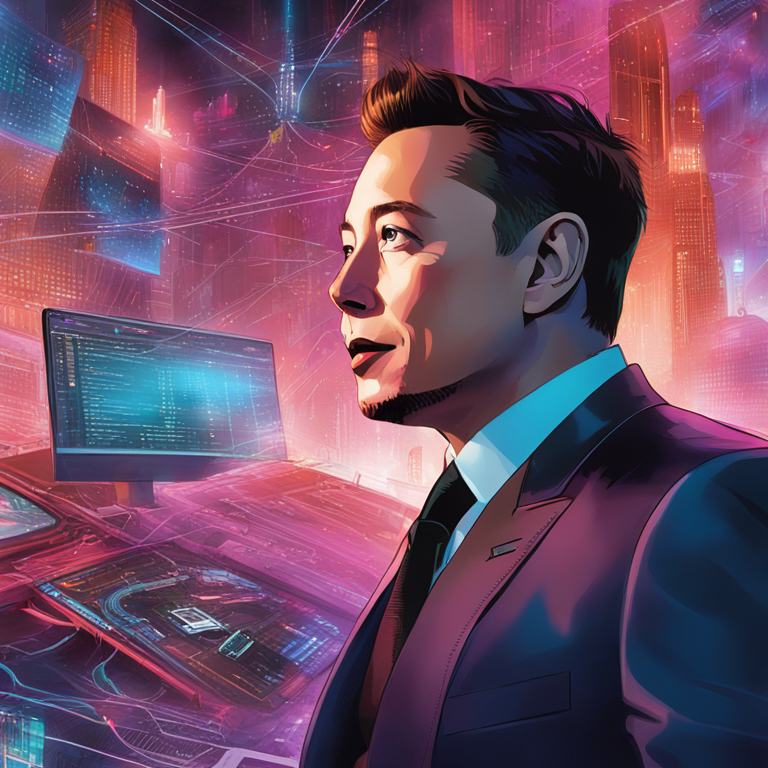 Elon Musk in a futuristic setting, engaging with Grok AI's new update, surrounded by digital information streams in vibrant colors, a scene that ignites the imagination about the future of social media, art inspired by futuristic cityscapes and data visualization, digital artwork trending on Artstation, by artists akin to Alex Ross and Jim Lee.