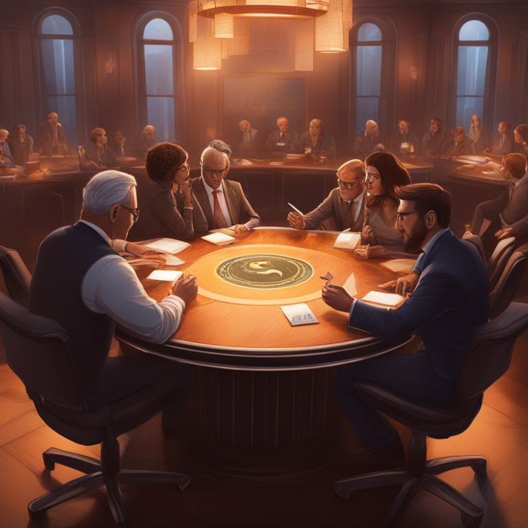 A round table discussion with financial experts, a warm, intellectually stimulating environment, high-detail, digital illustration, Artstation HQ vibes, featuring realistic character expressions of contemplation and foresight, conceptual art by Karla Ortiz and Greg Rutkowski, digital art