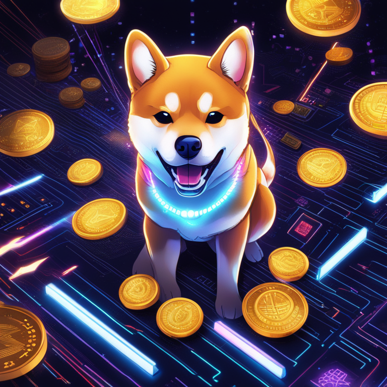 A dazzling, neon-lit digital canvas showcasing Shiba Inu coins flying through a cyberspace full of glowing digital graphs and binary code, radiating vibes of a major upcoming breakthrough, hand-drawn digital illustration, Artstation HQ, digital art