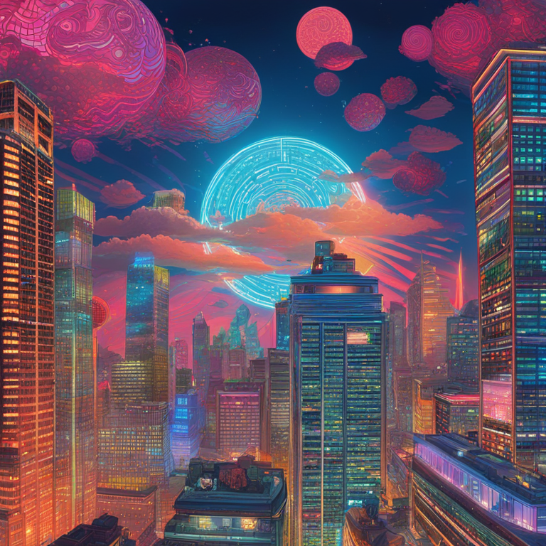 A vibrant digital canvas showcasing the excitement around memecoins in the altcoin market, featuring illustrations of popular memecoins ascending amidst a backdrop of neon-infused digital skyscrapers, symbolizing growth and vibrancy, art by James Jean and Yuko Shimizu, digital illustration, Artstation HQ, trending in visionary art circles, finance meets fantasy.