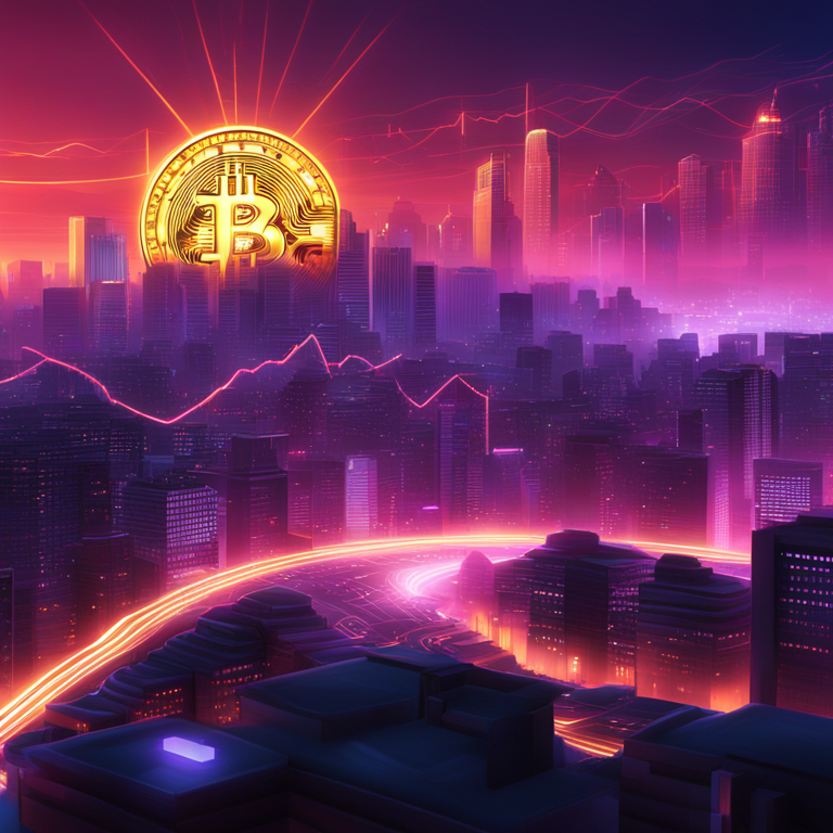 A dynamic digital art landscape showcasing the Bitcoin halving event, featuring fluctuating cryptocurrency symbols over a high-tech cityscape at dusk, symbolizing market volatility, digital finance evolution, and blockchain resilience, with glowing neon accents, inspired by top-tier digital artists on Artstation.