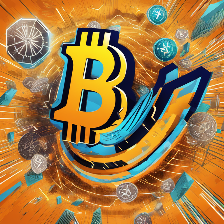 A dynamic digital art explosion captures Bitcoin smashing through the $65K mark, with AI cryptocurrency icons orbiting around in a vibrant dance of market victory, hand-drawn digital illustration, trending on Artstation HQ, digital art, a visual feast of futuristic finance in action