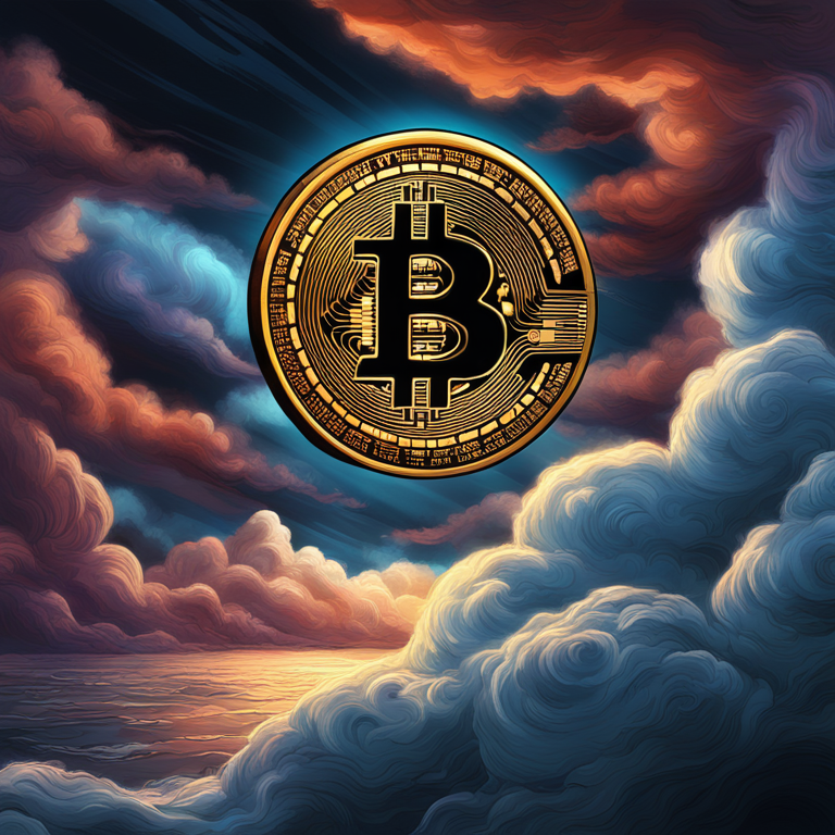 a dramatic, digital art depiction of Bitcoin amidst stormy clouds, symbolizing the uncertain future of cryptocurrency following the Mt. Gox saga, art by Satoshi Nakamoto and Vitalik Buterin, trending on Artstation, a mesmerizing blend of dark and light, capturing the essence of digital currency's volatile journey, high-resolution, detailed, vivid colors