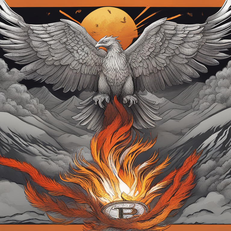 hand-drawn digital illustration capturing the climax of the Mt. Gox saga, featuring a phoenix rising from ashes against a backdrop of soaring Bitcoin charts, art by gifted artists inspired by Satoshi Nakamoto's vision, trending on Artstation, symbolizing resurgence and indomitable spirit, high-resolution, detailed, a visual metaphor for Bitcoin's journey through turmoil to triumph, with vivid colors and dynamic strokes