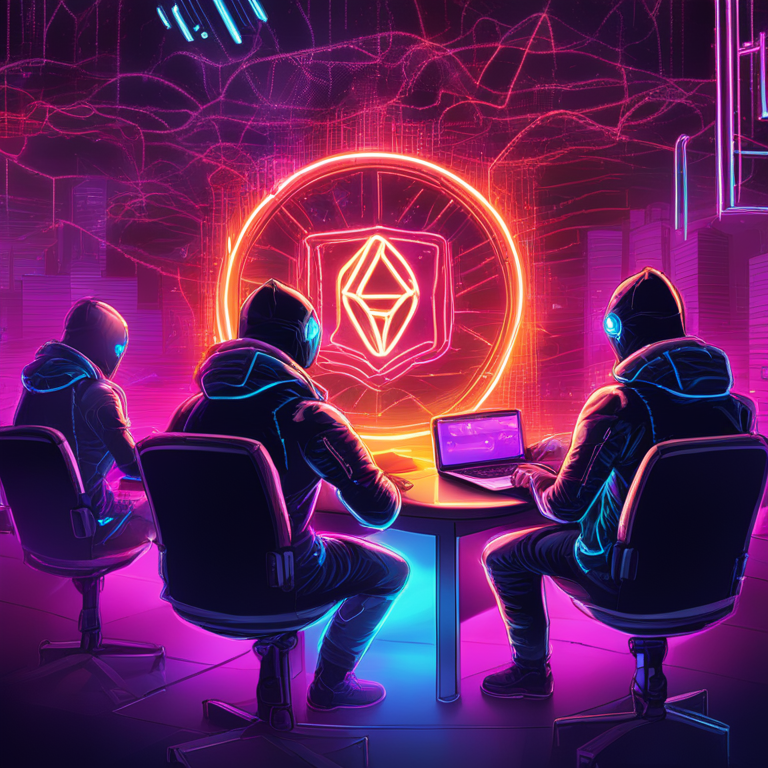 A vivid representation of Coinbase's Base blockchain under siege by cybercriminals, featuring neon-lit digital art creations of cryptocurrency symbols caught in a web of cyber theft, highlighting the clash between innovative digital art and cyber security threats, hand-drawn digital illustration, trending on Artstation HQ, vibrant colors, cyberpunk aesthetics.