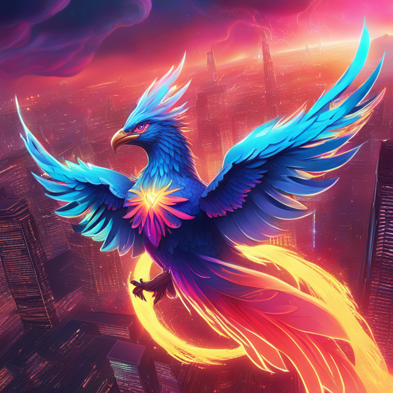 A stunning visual metaphor for Worldcoin's ascent, depicted as a brilliant digital phoenix rising from the volatile ashes of the cryptocurrency market, with a neon-infused skyline symbolizing a burgeoning digital economy, hand-drawn by top artists from Artstation, showcasing an explosion of colors and futuristic vibes, illustrating the dynamism and potential of blockchain technology.