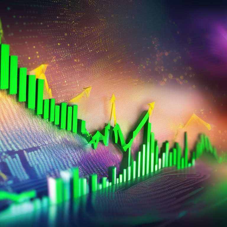 A dynamic graph soaring upwards, symbolizing Worldcoin's explosive growth, with digital green numbers reflecting a bullish market, art by renowned artists from Artstation, encapsulating the essence of cryptocurrency success, digital art, vibrant colors, high-detail visualization of market trends, trending on Artstation, high-tech financial analytics visual.