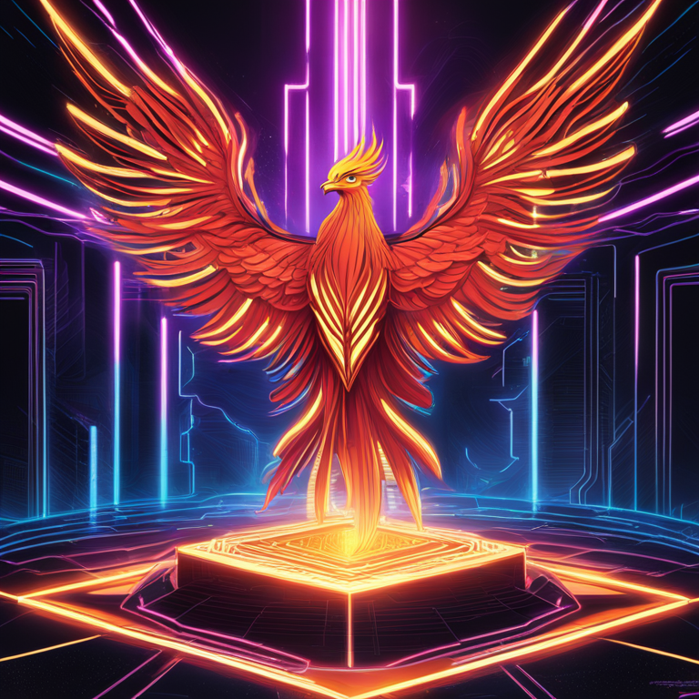 A digital phoenix rising, TRON ascends above the crypto rubble, illustrating its resilience and ambition, depicted in radiant neon against the midnight realm of digital currencies, art inspired by the vibrant pulse of blockchain evolution, hand-drawn digital illustration, Artstation HQ, digital art