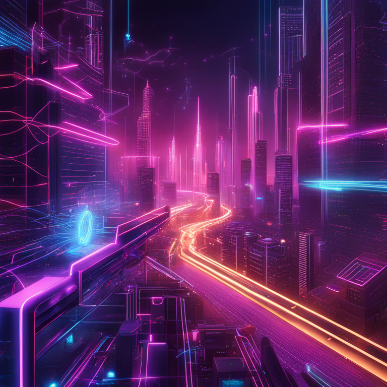 Futuristic cityscape representing permissioned blockchains in the digital finance era, with neon pathways symbolizing secure data flow and tokenization processes, envisioned by top digital artists on Artstation, featuring cutting-edge architectural designs interwoven with abstract, digital elements of cybersecurity, hand-drawn digital illustration.