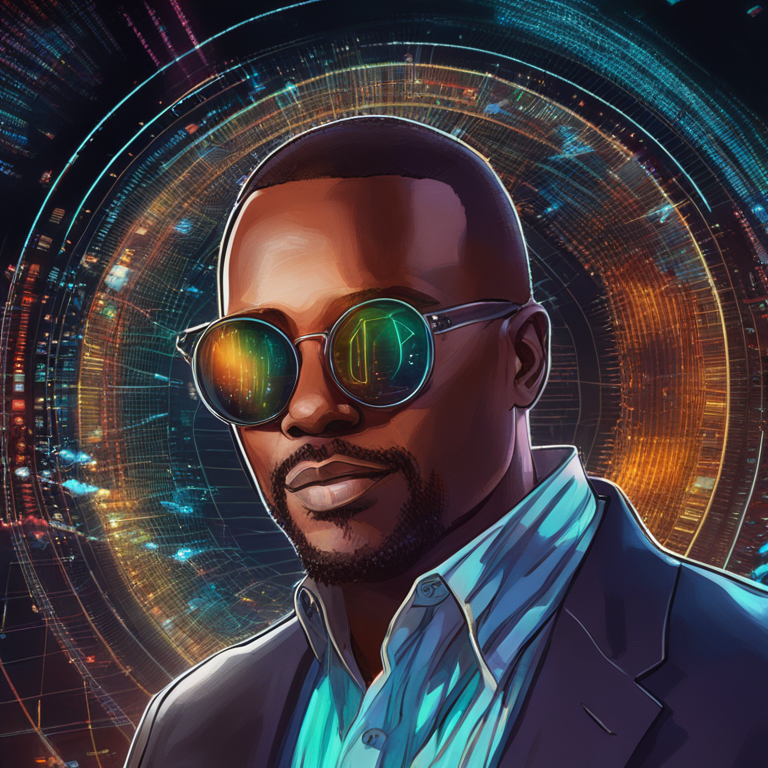 Arthur Hayes, cryptocurrencies pioneer, looking into the future of DeFi with eyeglasses reflecting vibrant digital graphs, digital painting melding finance and futurism, artwork capturing the essence of investment foresight in the style of Artstation HQ, hand-drawn digital illustration, trending in crypto artwork circles.