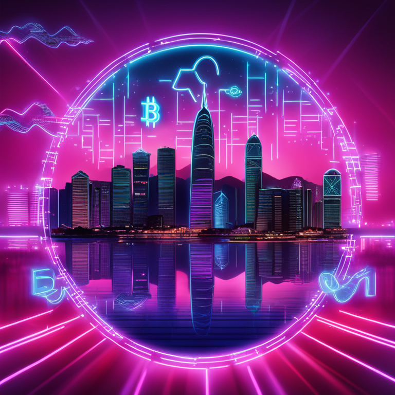 Vibrant neon-lit skyline of Hong Kong merged with digital cryptocurrency symbols like Bitcoin and Ethereum, symbolizing the futuristic merger of technology and finance, hand-drawn digital illustration, Artstation HQ, trending in futuristic and finance digital art.