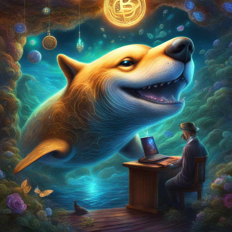 Digital illustration of a mysterious crypto whale executing a massive Shiba Inu token withdrawal, blending elements of suspense and digital currency intrigue, artwork inspired by fantasy epics and blockchain technology, art by Josephine Wall and Greg Rutkowski, trending in Artstation's digital art community, high-definition with a mystical blockchain vibe.