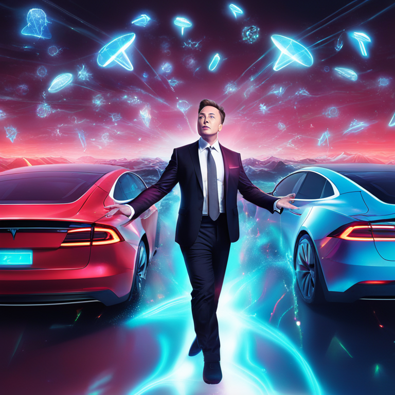 Elon Musk juggling glowing, holographic Tesla cars and Twitter logos, in a digital art piece symbolizing his multifaceted leadership and social media prowess, inspired by high-resolution, dramatic art from Artstation HQ.