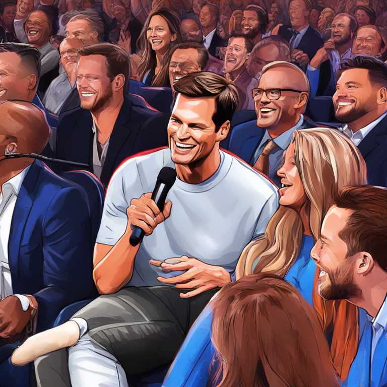 Tom Brady, sitting uncomfortably as comedians poke fun at his crypto mishaps, facial expressions ranging from shock to forced smiles, a packed Los Angeles Forum crowd in stitches, art by top digital artists, trending on Artstation, digital illustration, vibrant colors capturing the mood swing, spotlight on Brady, high-detailed expressive audience faces, a perfect blend of sports, comedy, and financial satire