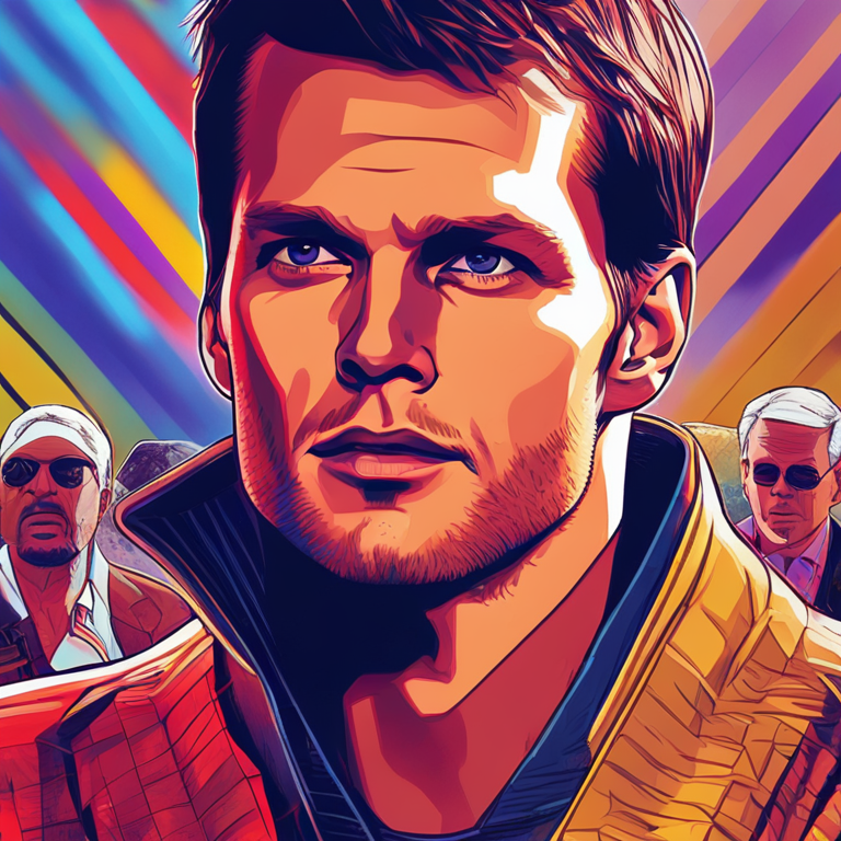 Tom Brady in a moment of introspection amid a discussion on crypto investments, blaze of emotions reflected in his eyes, the illustration captures the blend of personal and public realms, the fall of FTX as a shadow in the background, hand-drawn digital illustration, trending on Artstation, vibrant colors, art by revered digital artists in the style of contemporary magazine publications