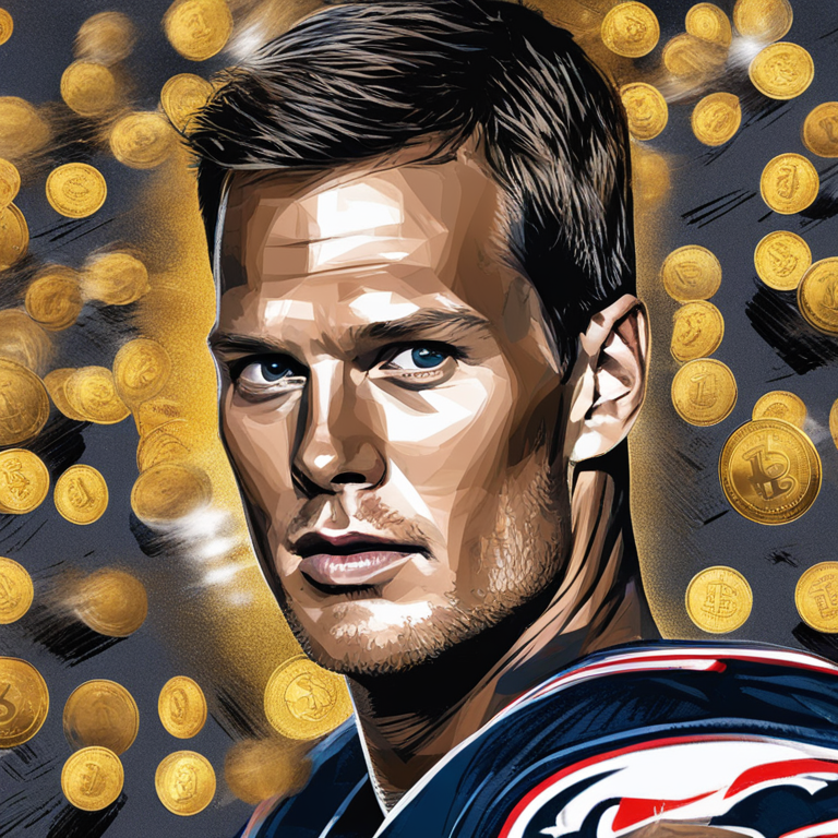 An abstract digital collage capturing Tom Brady's crypto controversy, vibrant yet somber tones depicting the convergence of sports, comedy, and finance, speckles of gold and fading shadows symbolizing the rise and fall in crypto, blended art by acclaimed digital artists, hand-drawn digital illustration, evocative of magazine-style exposés, trending on Artstation, detailed, expressive artwork conveying a multitude of stories and lessons learned