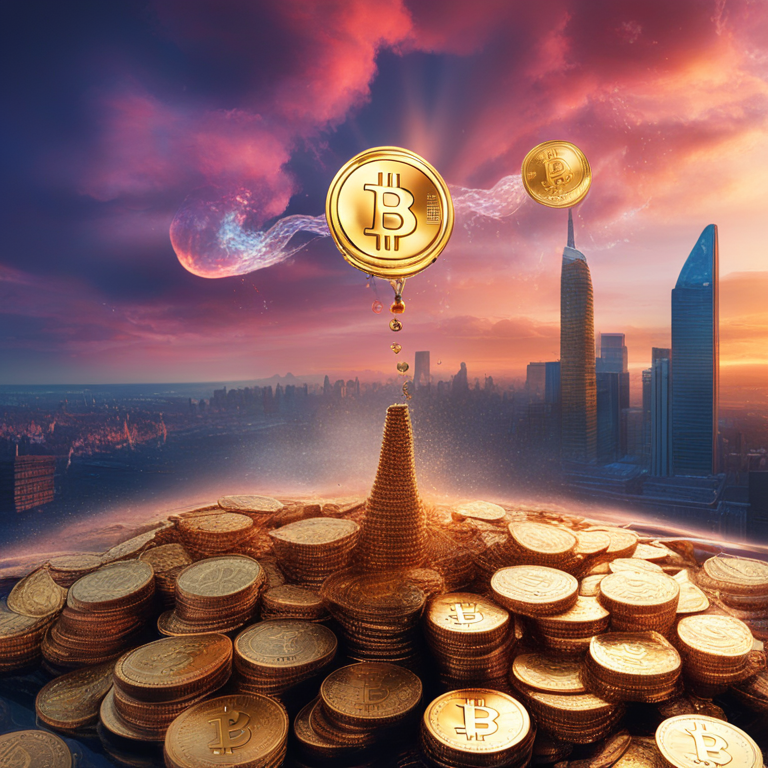 A striking juxtaposition of physical currency melting into digital Bitcoin, embodying Alchemy Pay and Influpia's fusion of traditional and digital finance, with a backdrop of a futuristic urban skyline, art by Alexey Maslov, digital illustration, trending on Artstation, high-definition, vibrant colors, dynamic composition