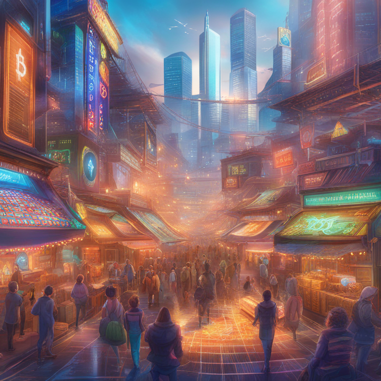 Digitally rendered representation of a futuristic marketplace where traditional currency and digital cryptocurrency merge seamlessly, featuring diverse payment methods converging onto a Bitcoin symbol, art by Satoshi Nakamoto, digital illustration, capturing the essence of accessibility in the dynamic world of Web3, spotlighted on Artstation, showcasing vibrant colors, sharp details, and a bustling digital city, symbolizing a seamless integration in finance.