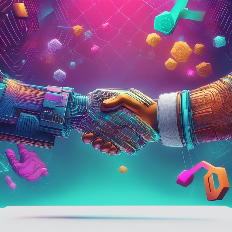 Digitally animated handshake capturing the essence of collaboration between Nimble Network and Laika, illustrating the blend of blockchain and AI technologies against a futuristic Web3 backdrop, featured on Artstation, showcasing vibrant colors and meticulous details, art by top-tier digital artists, a perfect union of high-tech innovation and creative prowess, digital illustration