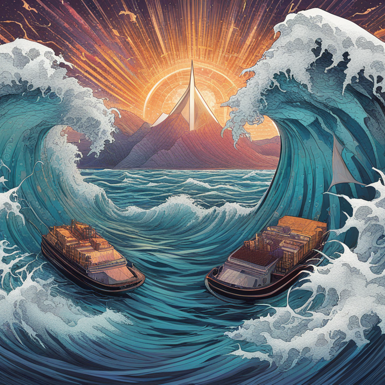 Digital artwork of Ethereum symbol riding the waves among financial charts and icons, illustrating market volatility and resilience, vibrant colors, trending on Artstation, art by Kiyoshi Nakazawa and Yuko Shimizu, captivating hand-drawn digital illustration