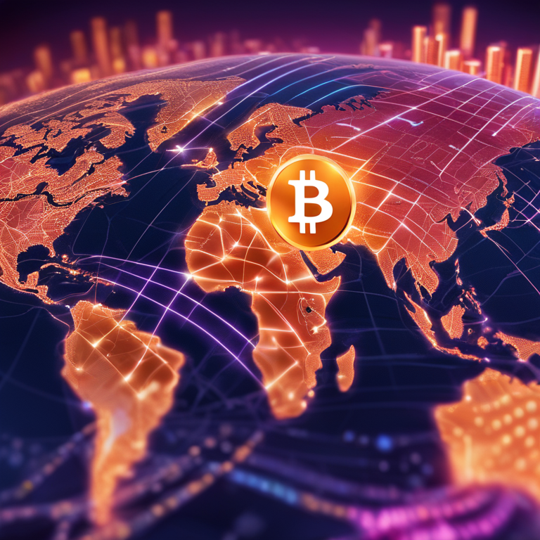 Futuristic digital landscape featuring a glowing Bitcoin symbol intertwined with a synthetic USD note against a backdrop of a digitized global map, symbolizing the innovative fusion of traditional finance and decentralized technology, hand-drawn digital illustration, Artstation HQ, vibrant colors, high-tech vibe, digital art