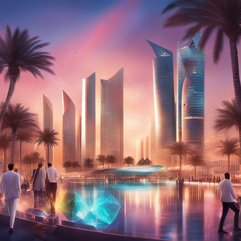 An artistic blend capturing the vibrance of Abu Dhabi's investment scene, mingled with the futuristic edge of IOTA's blockchain technology, encapsulating innovation and tradition against the backdrop of an illustrious conference setting, art by digital maestros, trending on Artstation, high-energy, tech-savvy crowd in anticipation, detailed, digital illustration.