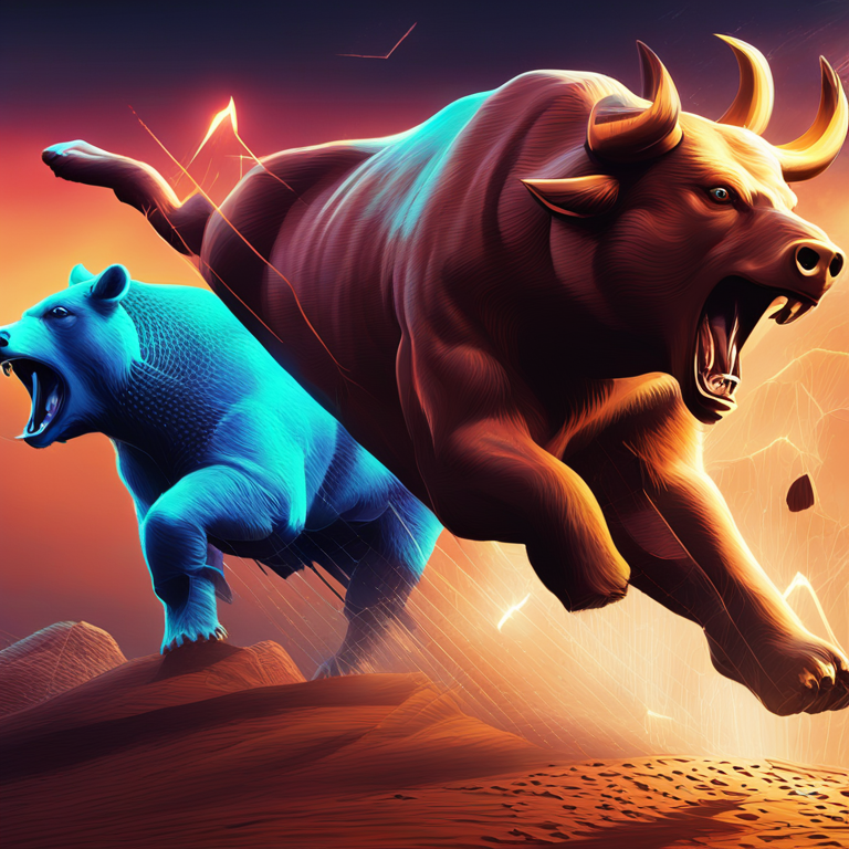 Digital battlefield visualization, bulls versus bears in the world of Bitcoin, high-resolution, dynamic colors showcasing market volatility, inspired by real-time cryptocurrency trading charts, a fusion of art and finance, trending on Artstation, digital art, vivid and impactful visual storytelling