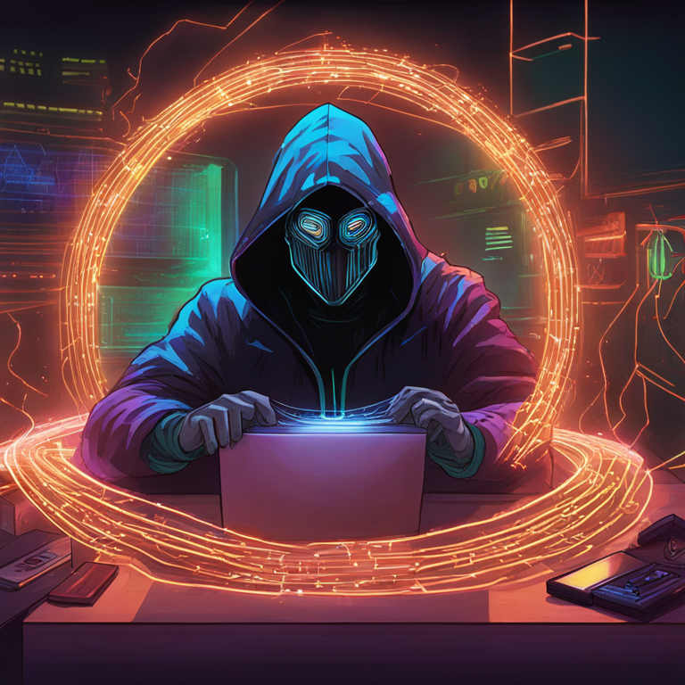 A mastermind shrouded in the digital ether, wielding the strings of cyberspace with a cloak of anonymity. Ethereal waves of stolen cryptocurrency flow from their fingertips, casting a neon light on the dark web's underbelly, hand-drawn digital illustration, Artstation HQ, encapsulating the essence of a digital heist's revival, trending in the cybercrime gallery.