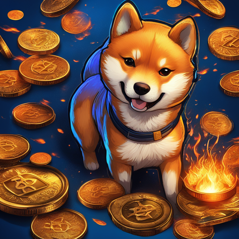 a dynamic, digital canvas showcasing Shiba Inu coins engulfed in vibrant flames against a cool, deep blue backdrop, symbolizing the coin's burn rate surging; a digital masterpiece mingling realism with fantasy, art by top digital artists, trending on Artstation with high-definition details and eye-catching, fiery contrasts