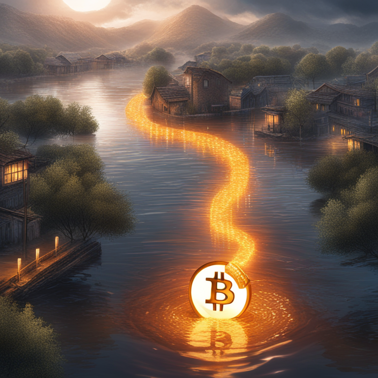 Digital illustration capture of Rolante's flood-stricken landscape, with Bitcoin's symbol shining as a beacon of hope above waterlogged streets, as envisioned by visionary artists, trending on Artstation, symbolizing the cryptocurrency community's rallying support