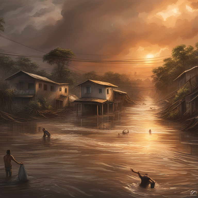 Luxury drawn visualization of the power of community and technology in the aftermath of the floods in Brazil, featuring a unifying symbol of Bitcoin enveloped in supportive hands, as depicted by leading digital artists, stirring solidarity on Artstation