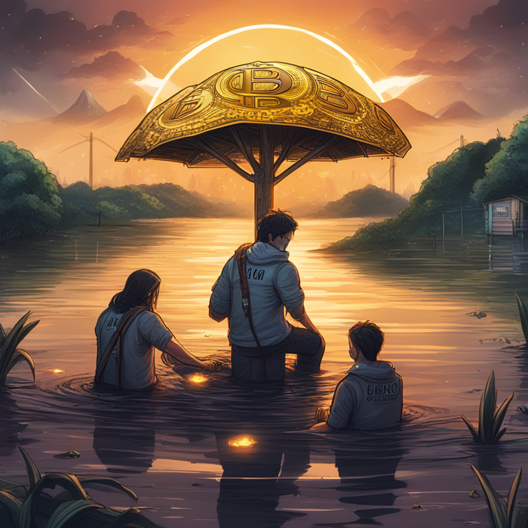 An inspirational digital illustration highlighting the unity and strength of the global Bitcoin community in response to the Brazil floods, featuring symbolic elements of hope, resilience, and technology coming together, art by top digital artists, trending on Artstation, immersive, emotionally compelling scene