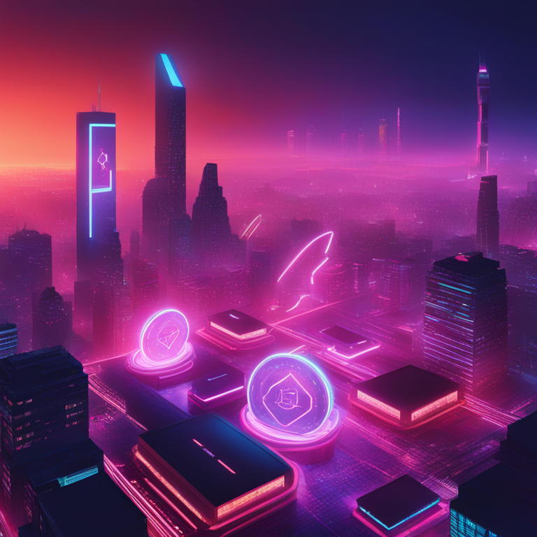 Futuristic crypto coins BTC, ETH, and XRP levitating over a digital cityscape at dusk, showcasing potential market trends with a neon glow, digital art reminiscent of Blade Runner, trending on Artstation, vibrant colors, by artists akin to Beeple and Khyzyl Saleem.