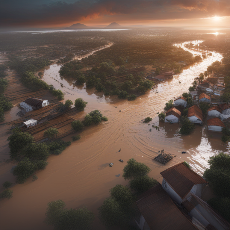 A digital art piece showcasing the devastating effects of the floods in Rio Grande do Sul, emphasizing on community efforts and the role of Bitcoin, capturing emotions and a sense of urgency, art by visionary digital artists, trending on Artstation, high-resolution, dynamic lighting